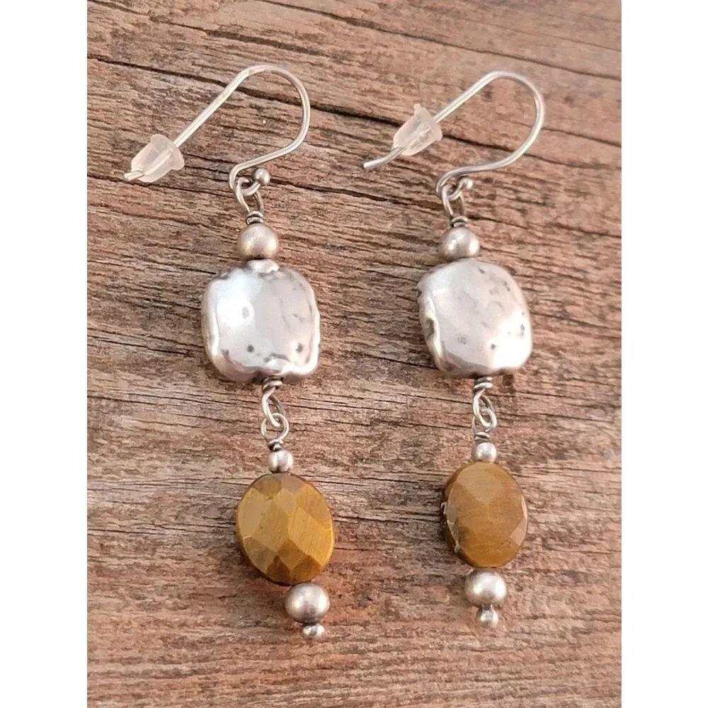 Silpada Hammered Sterling Silver & Faceted Tigers Eye Dangle Drop Earrings